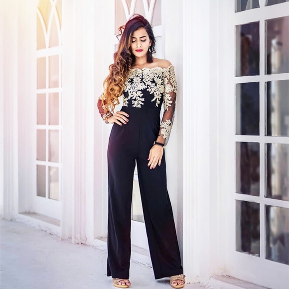 Gold Embroidery on Mesh Black Jumpsuit - Picture 5 of 9